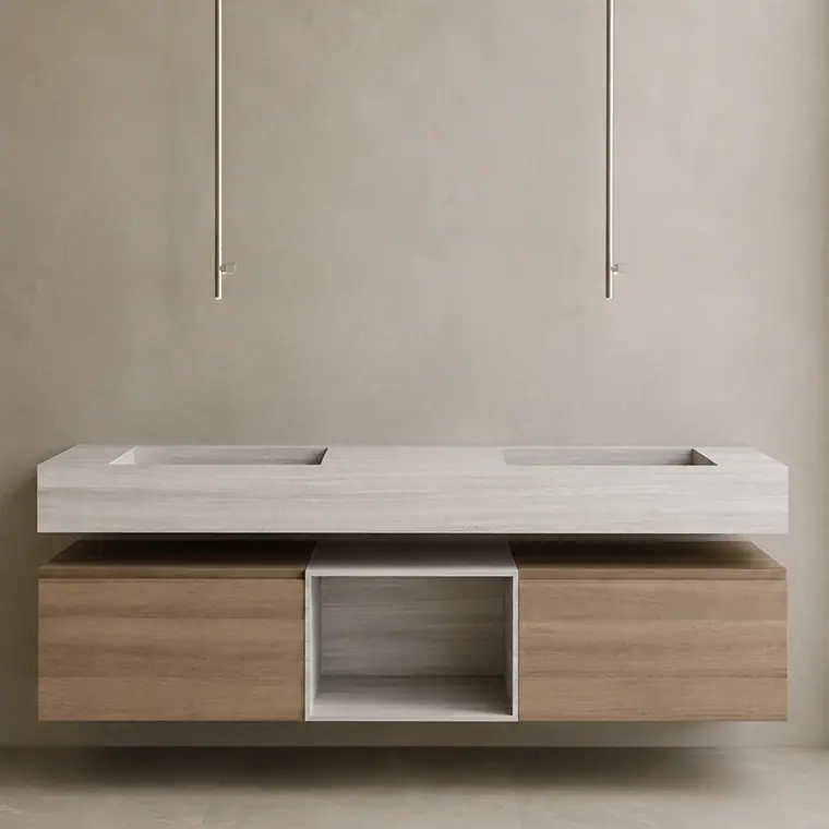 Custom bathroom vanity with wood cabinetry renovated by Cavare