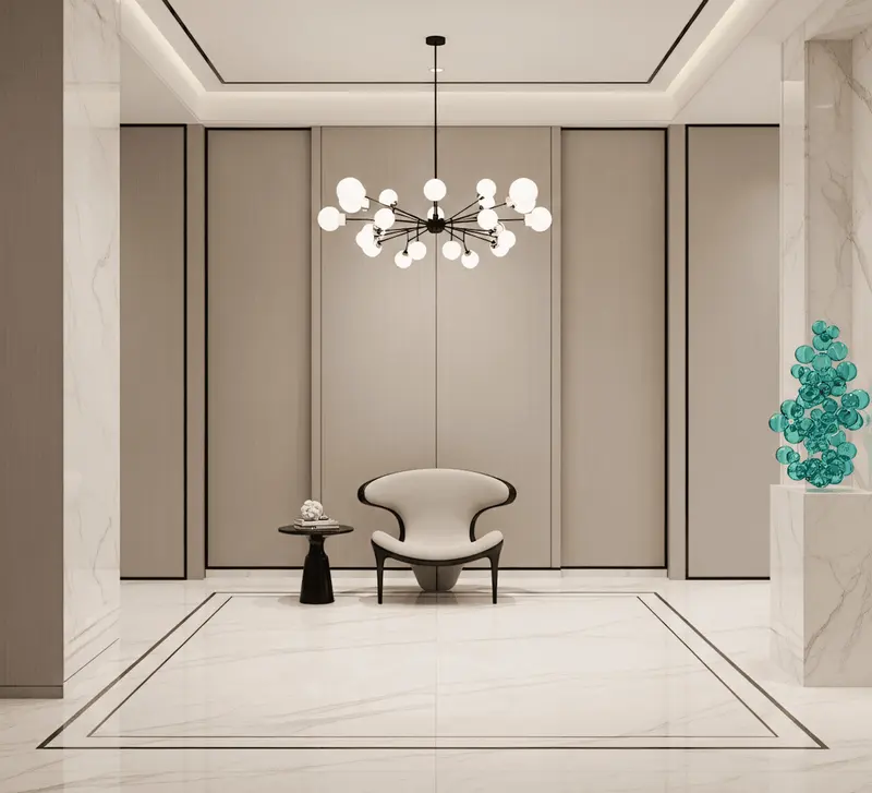 Entryway with chandelier and marble flooring installed by Cavare