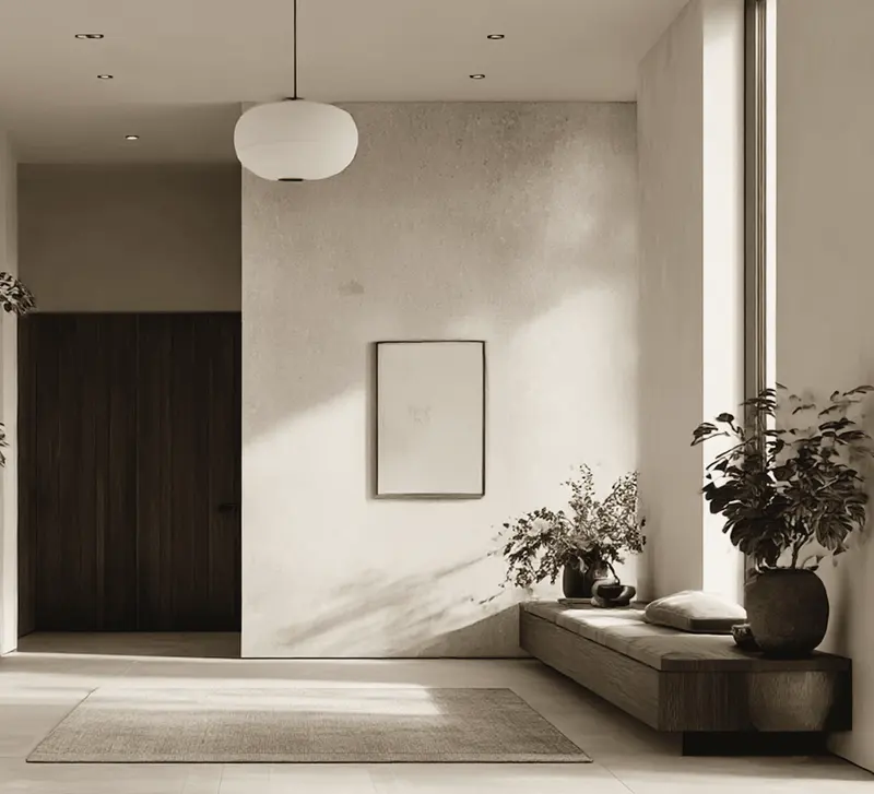 Residential entrance with wood door and custom bench