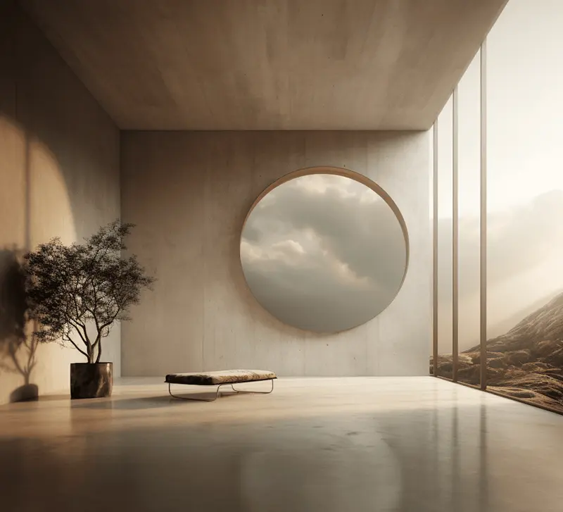 Spacious room with a round mirror and exposed concrete finish
